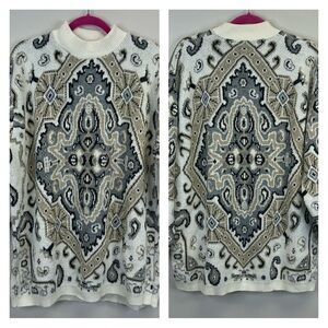 Vintage Alfred Dunner 2X Womens Cream Gray Ornate Sweater Tribal Boho Indie